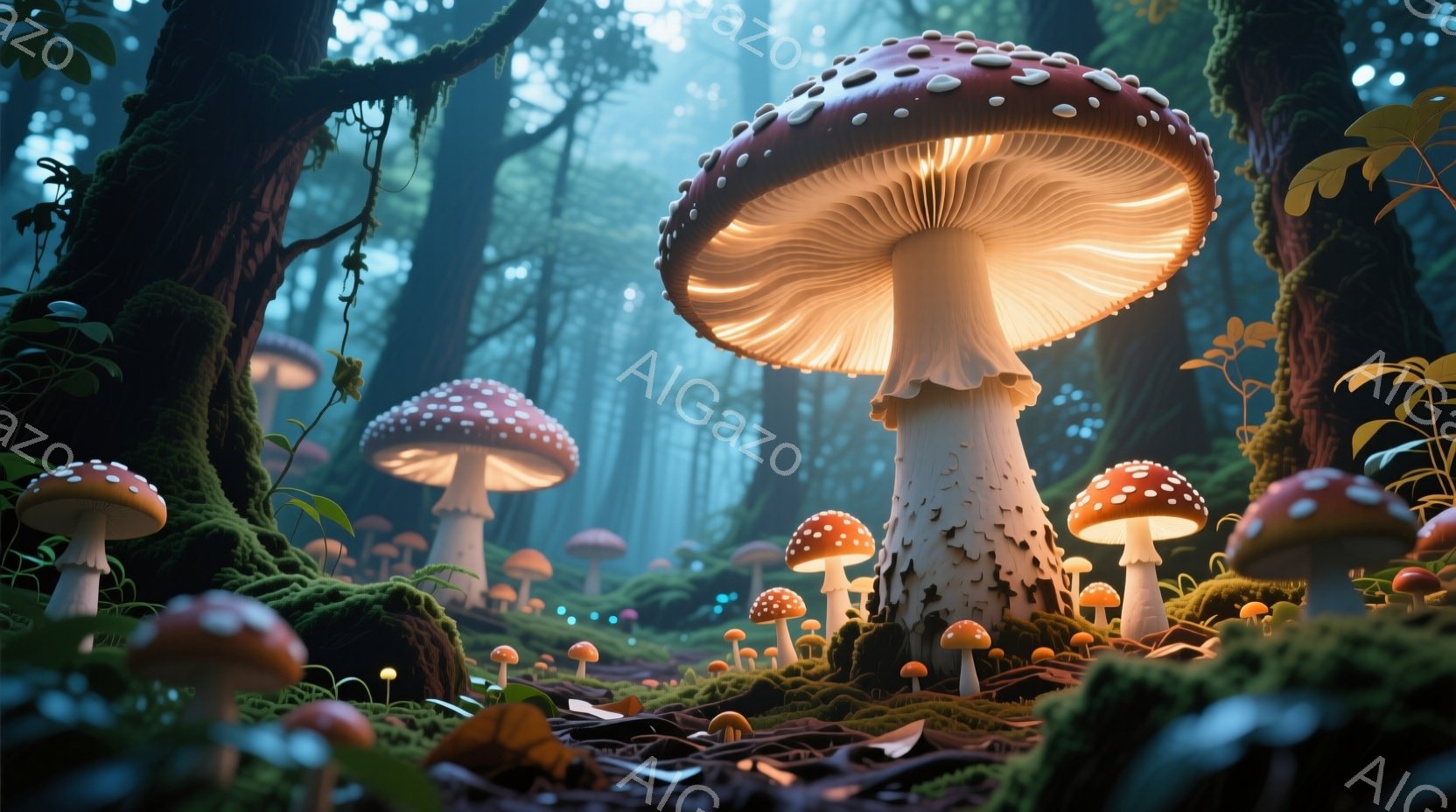 鬱蒼とした森の中に、赤と白の水玉模様の大きなキノコが無数に生えています。キノコからは暖かく幻想的な光が放たれ、苔むした地面や落ち葉を照らしています。全体的に神秘的で、おとぎ話のような雰囲気が漂っています。