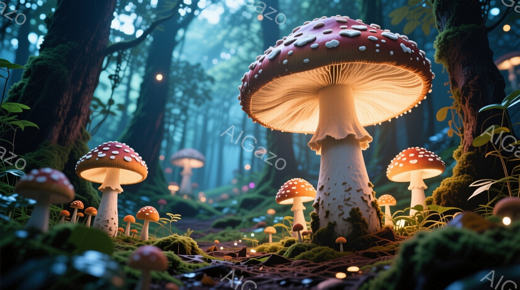 深い森の中で、赤くて白い水玉模様の大きなキノコが点在し、幻想的な光を放っている。キノコの周りには緑色の苔や植物が生い茂り、背景には暗い森の木々がぼんやりと見える。全体的に神秘的で穏やかな雰囲気が漂い、まるで妖精が住む世界のような印象を受ける。