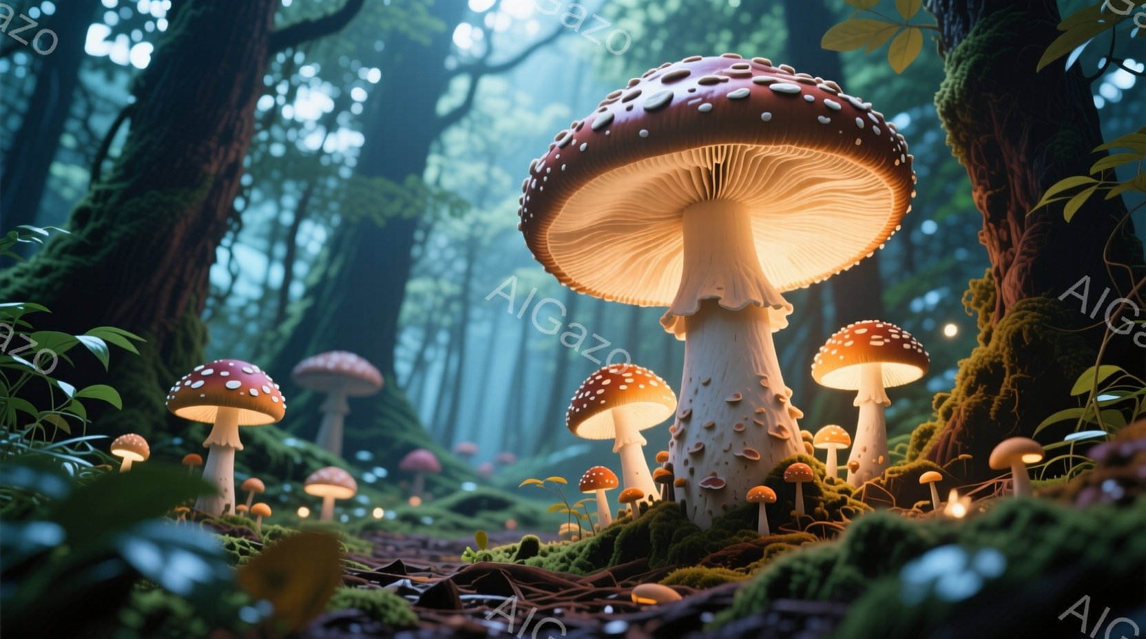 深い森の中で、さまざまなサイズのキノコが光を放ち、幻想的な雰囲気を醸し出しています。キノコは赤と白の模様を持ち、苔むした地面や落ち葉の上に生えています。背景には、巨大な木々が立ち並び、光が差し込み、神秘的な空間を作り出しています。