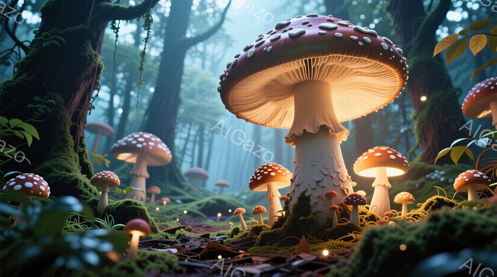 深い森の中で、巨大な赤いキノコが幻想的な光を放っている。キノコは白と赤のまだら模様を持ち、周囲には小さなキノコや緑の苔が生い茂り、まるで妖精が住む世界のような雰囲気である。背景には霧が立ち込め、木々がシルエットとなり、神秘的な雰囲気を醸し出している。