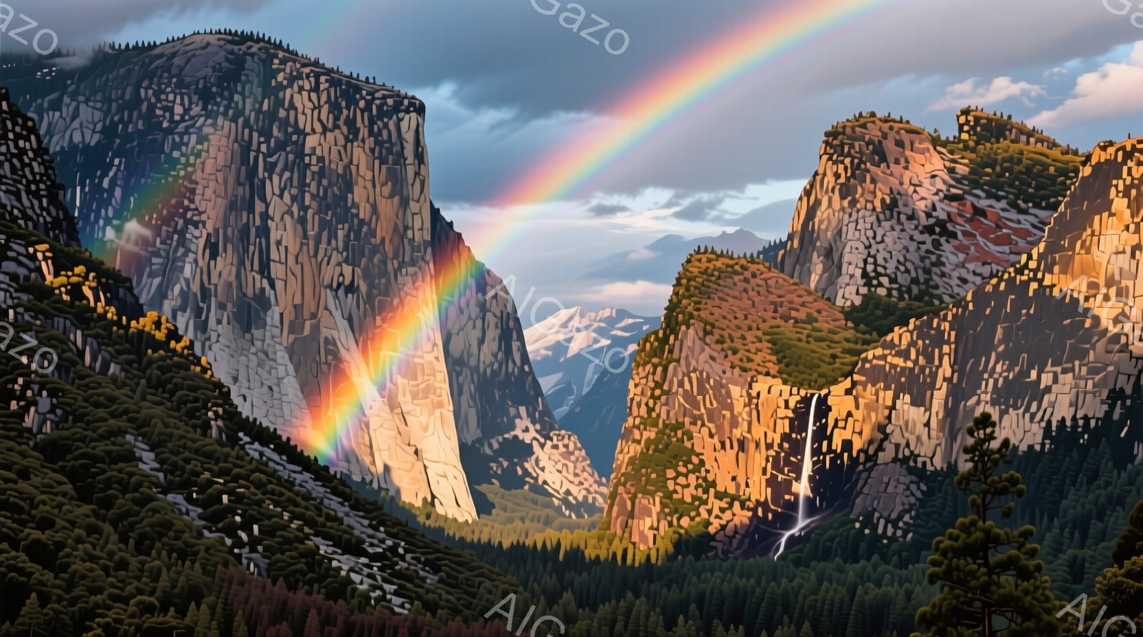 巨大な花崗岩の崖がそびえ立ち、深い谷間に緑豊かな森林が広がっている。鮮やかな虹が崖の間にかかり、水しぶきから生み出された細い滝が崖を流れ落ちている。全体的に、壮大で自然の美しさが際立つ、息をのむような風景だ。