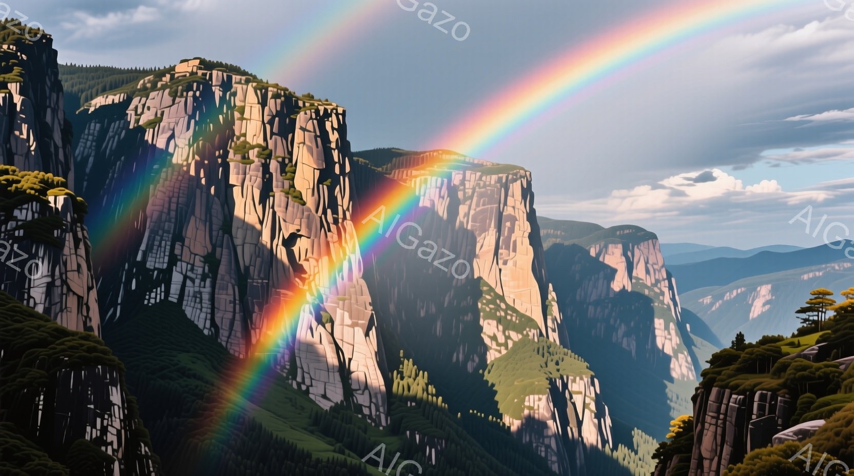険しい岩山がそびえ立ち、緑豊かな斜面が広がっています。鮮やかな虹が山々を横切り、壮大な自然景観を彩っています。空は曇り空で、全体的に神秘的で力強い雰囲気を醸し出しています。