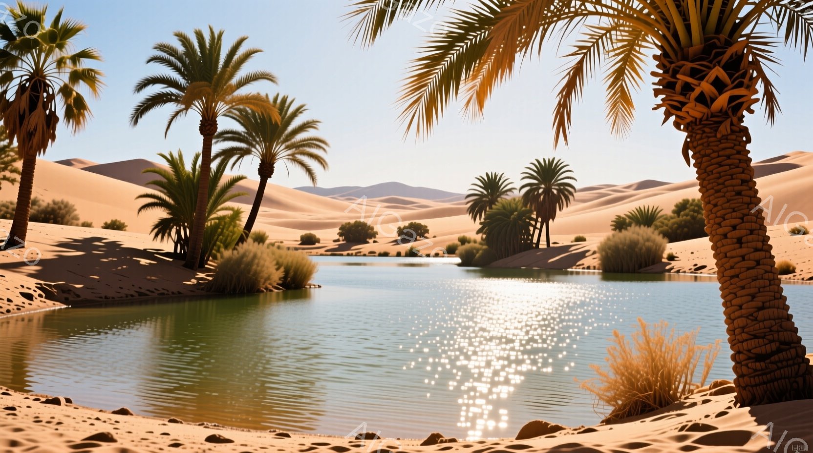砂漠の中に水たまりがあり、ヤシの木が生い茂っている風景です。水面は太陽の光を反射してキラキラと輝き、周囲の砂丘と緑の植物が美しいコントラストを生み出しています。穏やかで静寂な雰囲気が漂い、安らぎを与えます。