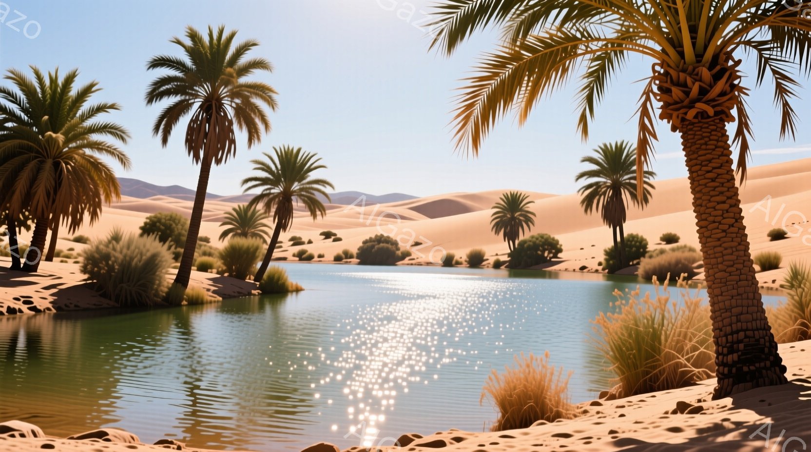 広大な砂漠の中に、水面がキラキラと輝くオアシスが広がっている。ヤシの木が周囲を囲み、水辺には緑の草が生い茂り、砂丘が穏やかに連なっている。全体的に暖かく穏やかな雰囲気で、静寂と安らぎを感じさせる光景である。