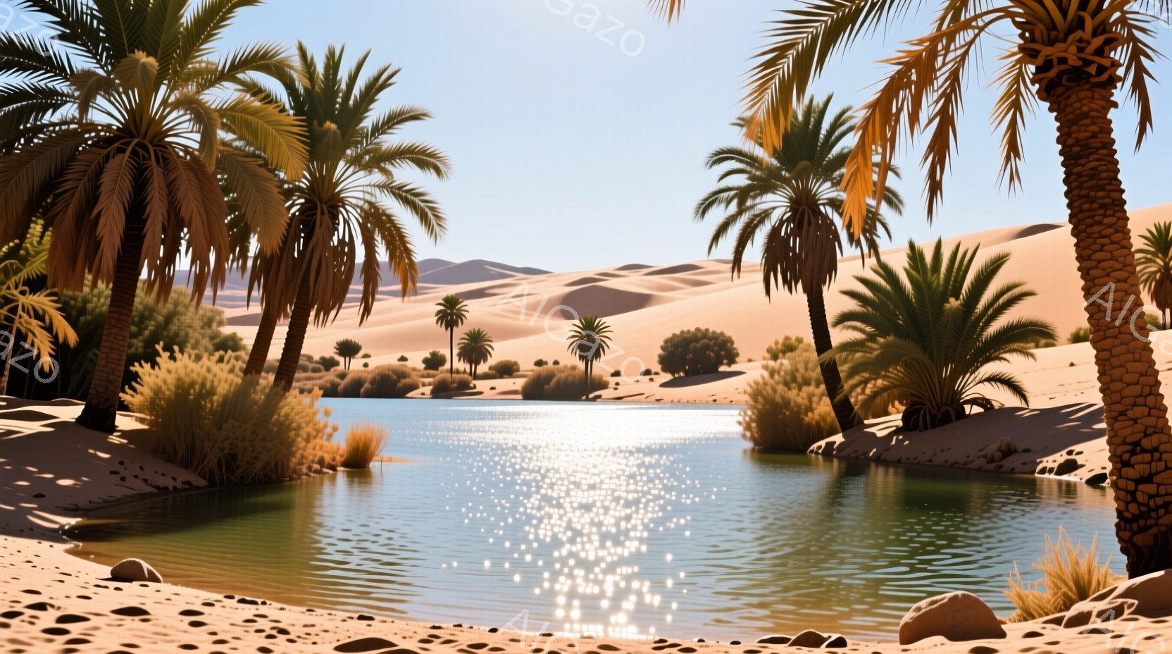 広大な砂漠の中に、水面がキラキラと輝くオアシスが広がっている。ヤシの木や灌木が生い茂り、水辺には岩が点在し、静かで穏やかな雰囲気を醸し出している。空は晴れ渡り、強い日差しが砂漠と水面を照らし、まるで絵画のような美しい光景である。