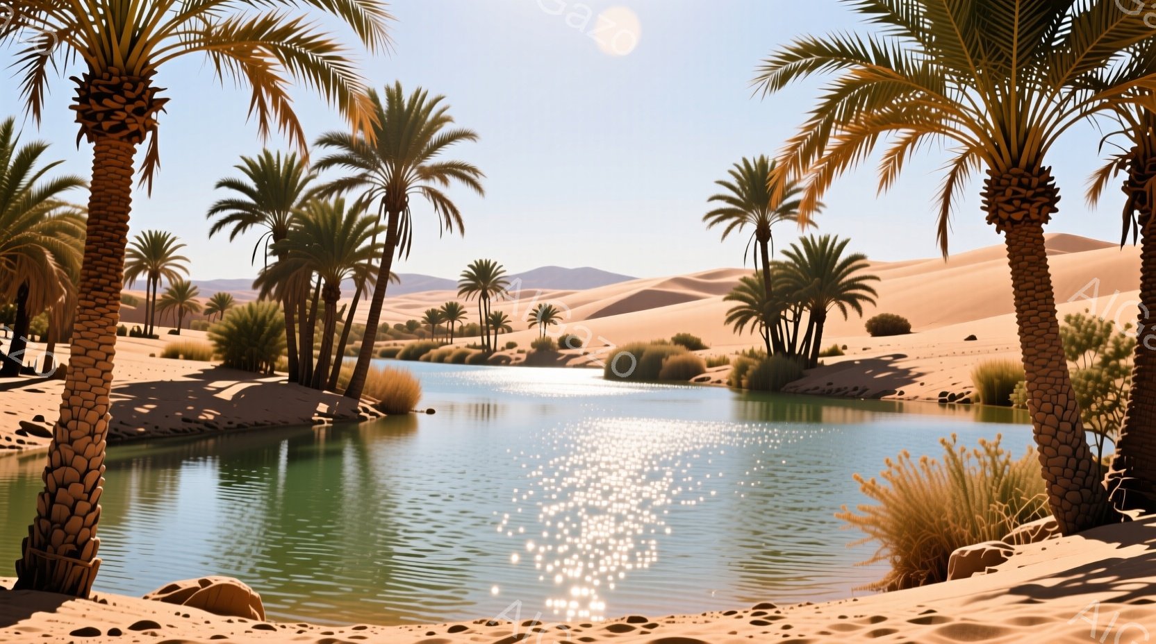砂漠の中にオアシスが広がり、緑色の水面が太陽の光を受けてキラキラと輝いている。ヤシの木々が周囲を取り囲み、その影が水面に落ちて美しいコントラストを生み出している。遠くには砂丘が連なり、穏やかで静寂な雰囲気が漂う、まるで楽園のような風景だ。