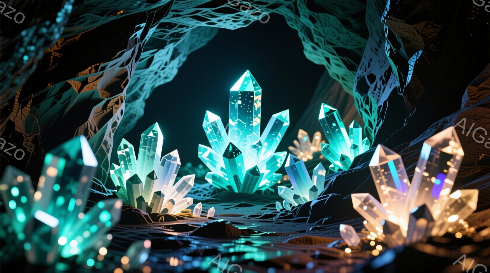 鮮やかな水色と黄色の結晶が、暗い背景の中で発光している様子が描かれています。結晶は多角的な形状で、まるでデジタルなジオメトリが組み合わさったかのような印象を与えます。背景は暗く、ぼやけた構造物が存在し、幻想的で神秘的な雰囲気を醸し出しています。