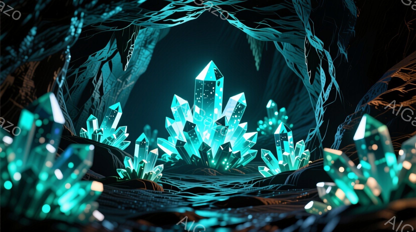 光り輝く青緑色の結晶が密集した洞窟内部を描いています。結晶は不規則な形をしており、まるで生命力に満ち溢れているかのようです。背景には、複雑な線で描かれた暗い岩肌が広がり、神秘的で幻想的な雰囲気を醸し出しています。