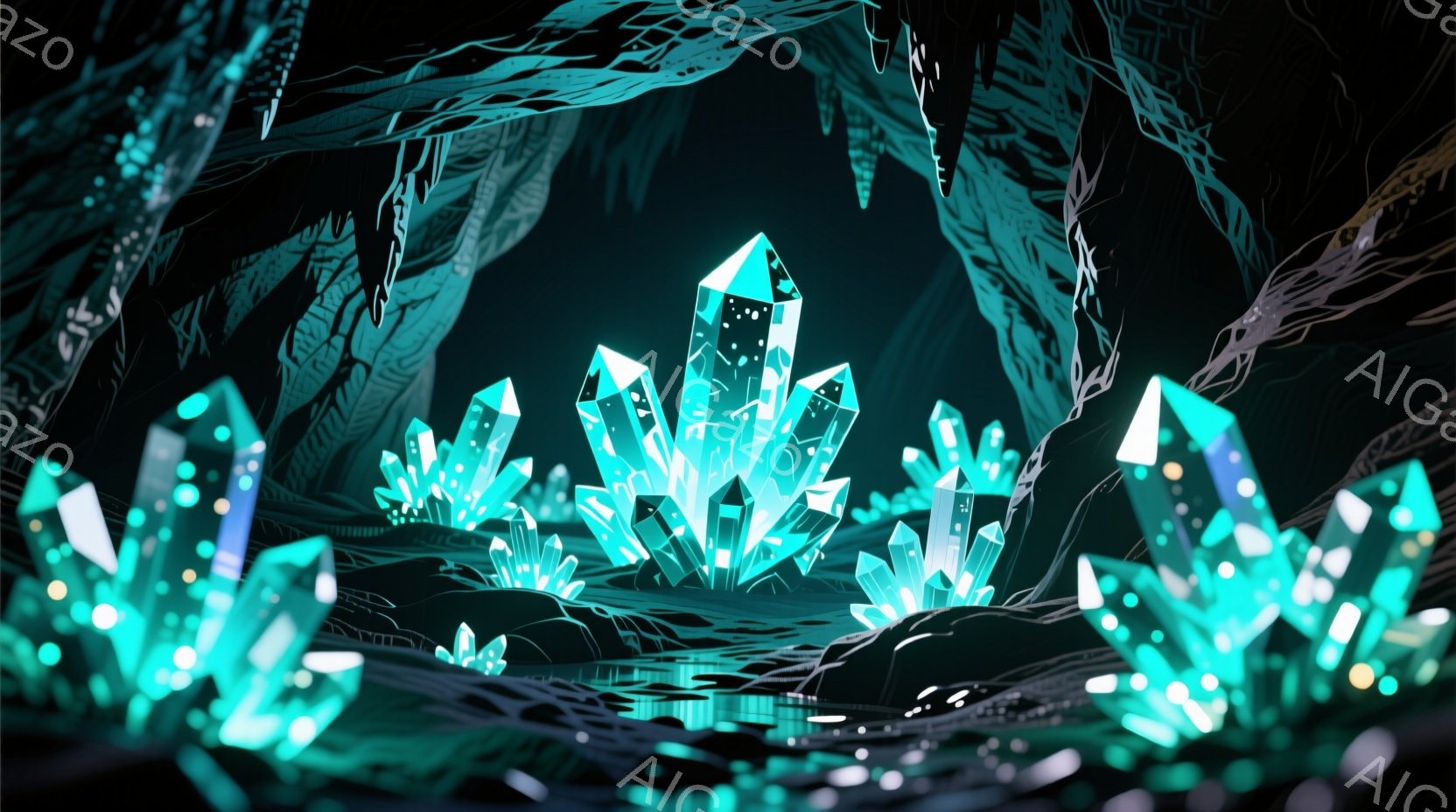 洞窟内に、青緑色の結晶が多数群生している様子が描かれています。暗い背景の中で、水面に反射した結晶の光が幻想的な雰囲気を醸し出しています。周囲は岩肌がむき出しになった洞窟内部であり、静寂と神秘的な空気が漂っています。