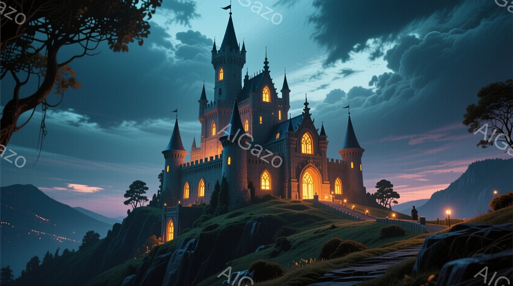 荘厳な城が丘の上にそびえ立ち、窓から温かい光が漏れ出しています。城の前には数人の人物が立っており、穏やかなシルエットで、夕焼け空と遠くの街並みが幻想的な雰囲気を醸し出しています。緑豊かな丘と暗い空がコ - AI生成フリー素材