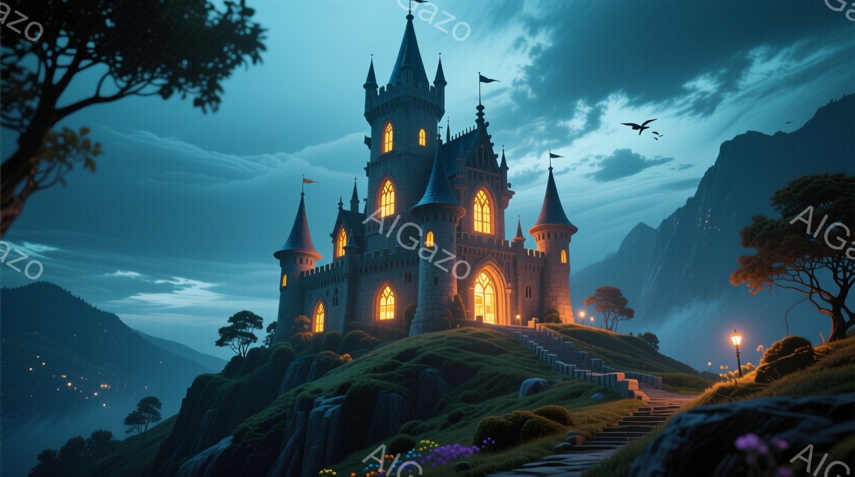 険しい崖の上に堂々と立つ古城が、夕暮れ時の空を背景に浮かび上がっています。城は尖塔と高い窓を持ち、内部からの温かい光が外に漏れ出し、神秘的な雰囲気を醸し出しています。緑豊かな丘と周囲の山々は、静寂で幻想的な情景を作り出しています。