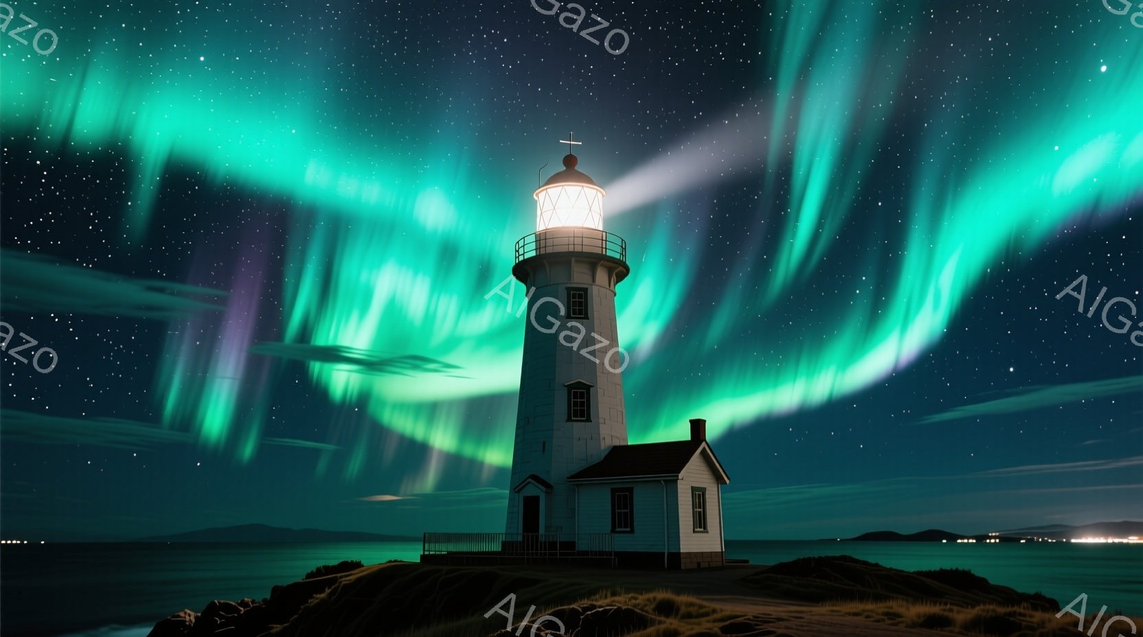 白亜の灯台が、夜空を彩るオーロラの下に堂々と建っている。灯台の足元には小さな建物があり、周囲は暗い海と岩場が広がっている。オーロラは緑と紫の美しい光で夜空を染め上げ、神秘的で幻想的な雰囲気を醸し出している。