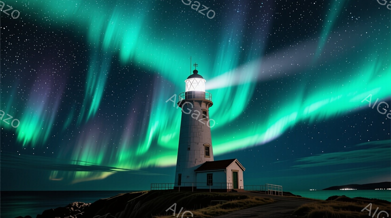 白亜の灯台が荒涼とした岩の上に聳え立ち、その光が暗闇を切り裂いている。背景には、緑と紫が混ざり合ったオーロラが壮大な光景を作り出し、漆黒の海と静かな町並みが遠くに見える。全体的に静寂で神秘的な雰囲気が漂い、自然の力強さと美しさを感じさせる。