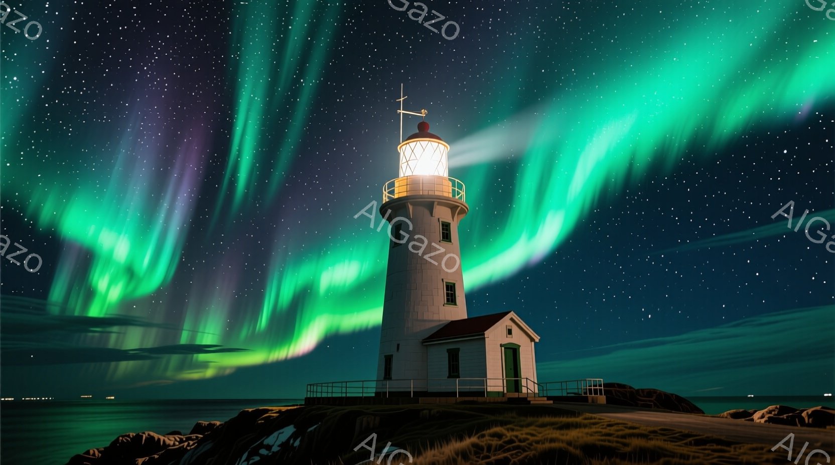 白い灯台が、緑と紫のオーロラが輝く夜空の下に建っている。 灯台の光は暗闇を照らし、その根元には小さな建物が見える。 岩場と草地が灯台の足元を囲み、背景には暗い海と遠くの街の明かりがぼんやりと見える、幻想的で静寂な雰囲気だ。
