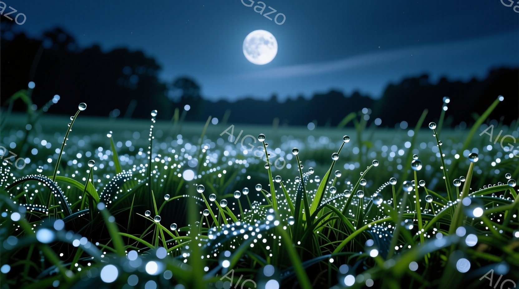 夜の草原が、月の光に照らされ、草の葉には無数の光の粒が輝いている。まるで星空が地上に降りてきたかのような幻想的な光景で、暗闇の中で光の粒子が煌めき、静寂と神秘的な雰囲気を醸し出している。背景にはシルエット状の木々が広がり、夜の静けさを強調している。