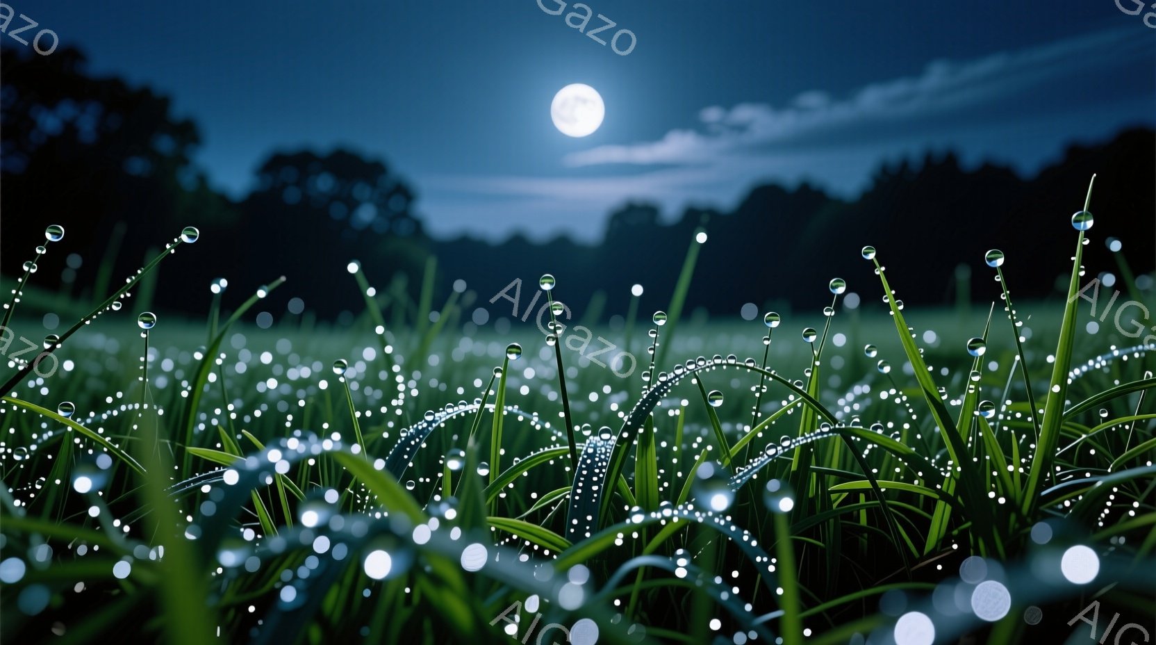 夜の草原が描かれており、草の葉には朝露のような水滴が光っている。背景には暗いシルエットの木々と満月が輝き、静かで幻想的な雰囲気を醸し出している。水滴はまるで小さな宝石のように輝き、草の緑と夜空の青との - AI生成フリー素材