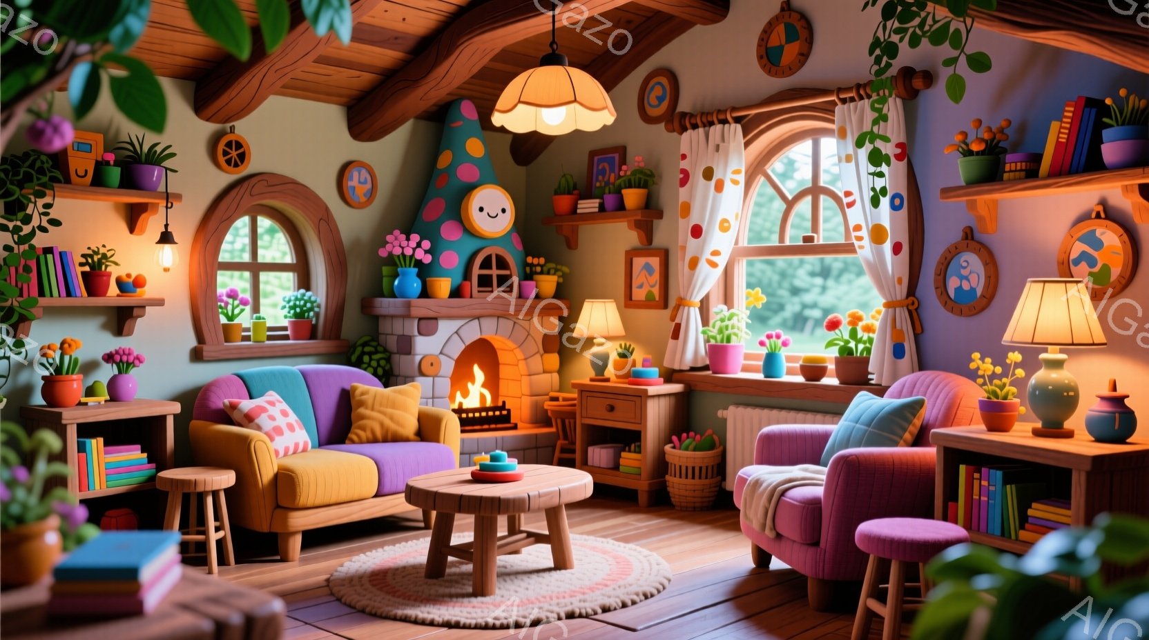 暖炉のある居心地の良い部屋が描かれています。紫とオレンジ色のソファ、木製の小さなテーブル、そして壁に飾られた植物や絵が暖かく、落ち着いた雰囲気を醸し出しています。窓の外には緑豊かな自然が広がり、部屋全 - AI生成フリー素材