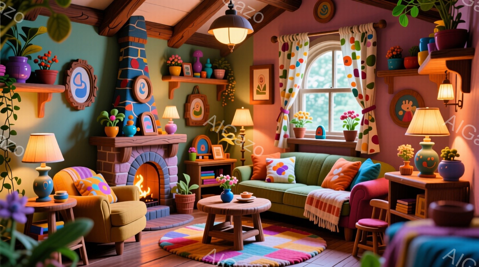 明るくカラフルなリビングルームで、暖炉と大きな窓が特徴的です。壁には絵画や置物が飾られ、床にはカラフルなラグが敷かれています。全体的に暖かく、居心地の良い雰囲気で、植物が室内に活気を与えています。