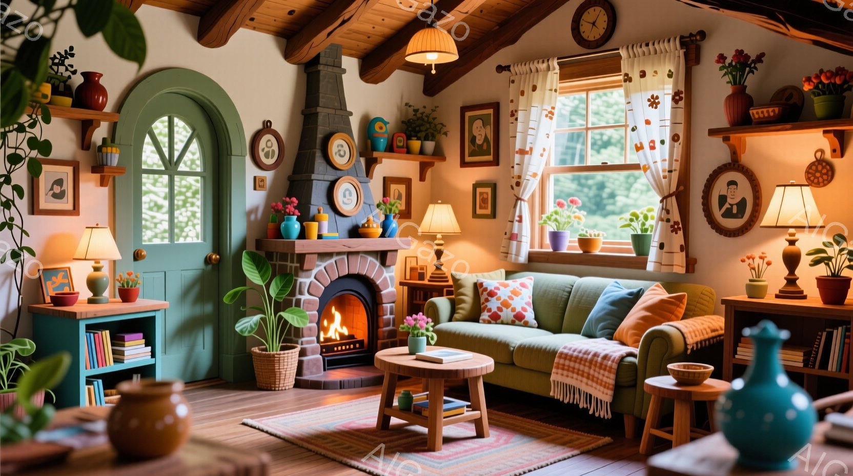 暖炉のある居心地の良い部屋が描かれています。緑色のソファ、木製の家具、壁に飾られた絵画や植物が特徴で、全体的に温かく落ち着いた雰囲気です。窓からは緑豊かな自然が見え、部屋全体を明るく照らしています。
