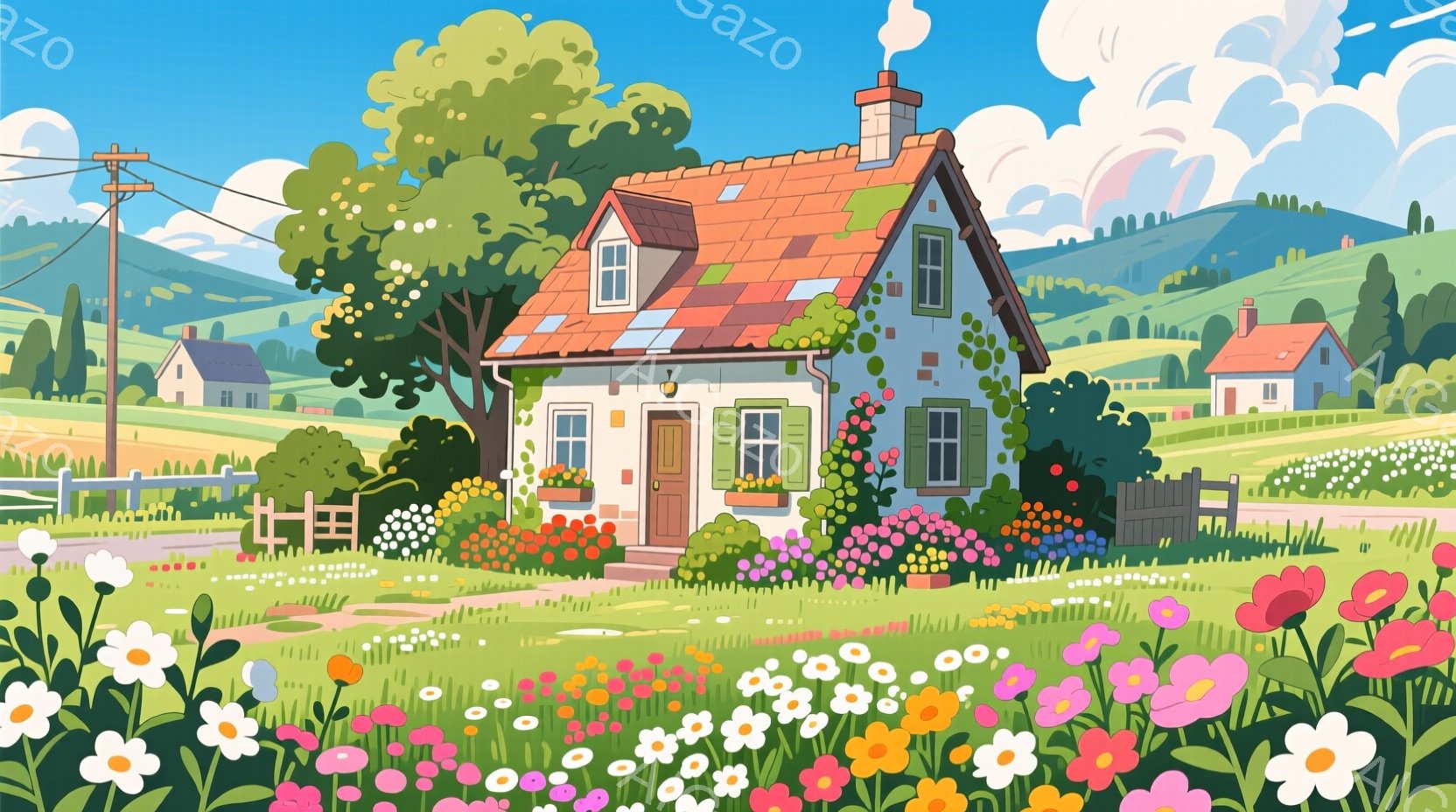 青い屋根の可愛らしい一軒家が、色とりどりの花に囲まれた草原に建っています。背景には緑の丘と、小さく可愛らしい家々が点在し、晴れた青空と白い雲が広がっています。全体的に暖かく、穏やかな田園風景が表現されており、平和で優しい雰囲気が漂います。