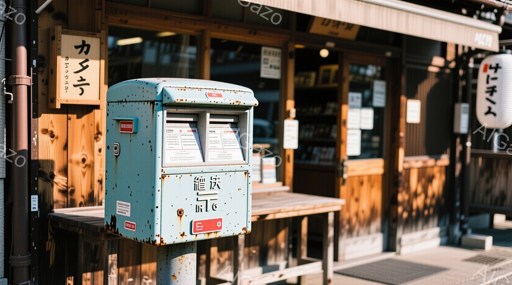古びた青色の郵便ポストが、木製のテーブルと椅子が並んだ飲食店の前に設置されている。背景には、看板が見える店舗が続き、日差しが柔らかく差し込んでいる。全体的に、どこか懐かしい雰囲気で、静かで落ち着いた時 - AI生成フリー素材