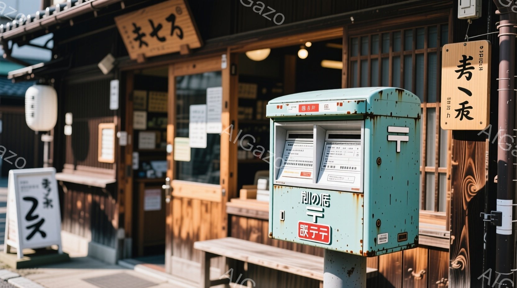 古い木造の建物が背景に見える、日本の路地裏の風景です。ターコイズブルーの古い公衆電話ボックスが手前に置かれ、使い古された風合いが印象的です。建物には「あまや」という看板があり、木製のベンチが置かれた静 - AI生成フリー素材