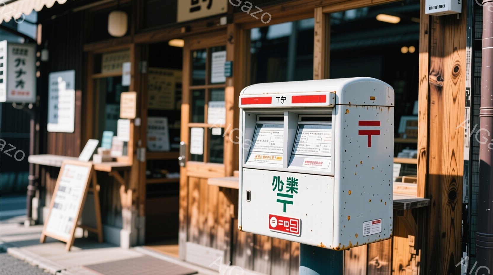 古い郵便ポストが、木製の柵と建物の前に立っている。ポストは少し錆びており、利用案内が貼られているが、全体的にレトロな雰囲気を醸し出している。背景には、和風の建物と看板が見え、日本の静かな通り並みが感じられる。