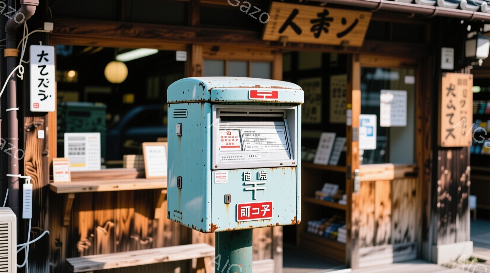 古びた緑色の郵便ポストが、木製の階段とお店の入り口の間に設置されています。お店は伝統的な雰囲気で、看板やメニューが所々に貼られています。日差しが差し込み、暖かい雰囲気で、日本の古い街並みを思わせる光景です。
