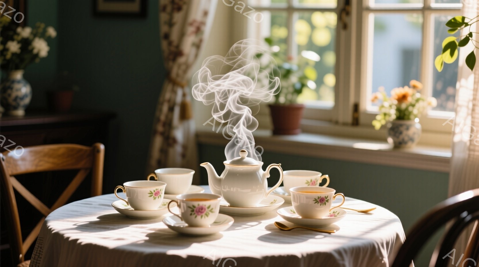 窓辺の白いテーブルの上に、華やかな薔薇模様のティーセットが並んでいる。湯気が立ち上るティーポットと、それに添えられたティーカップとソーサーが、静かで穏やかな午後のティータイムを想像させる。背景には植物が飾られた窓枠が見え、全体的に暖かく、穏やかな雰囲気が漂っている。