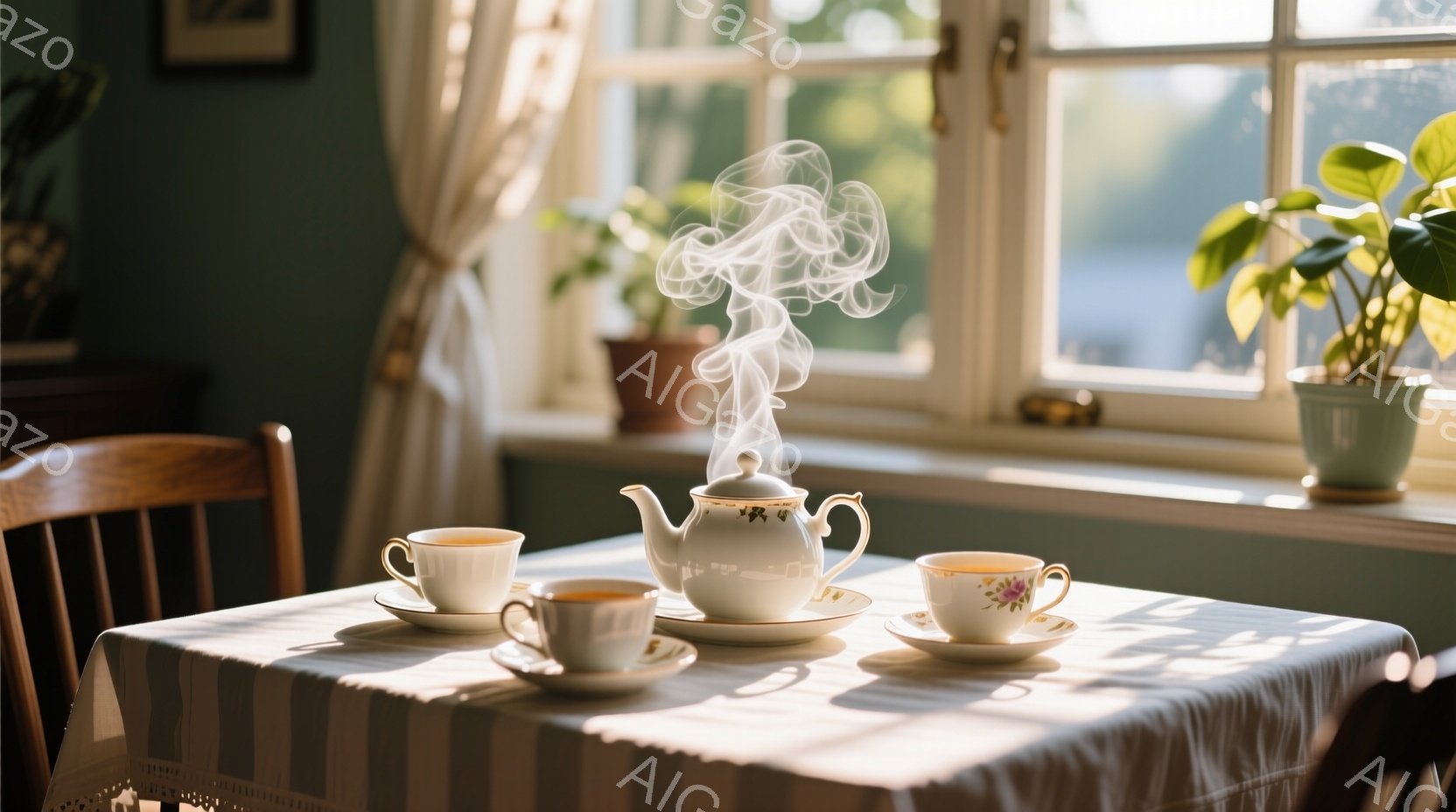 明るい日差しが差し込む部屋で、ストライプのテーブルクロスの上にティーポットとティーカップが置かれている。ティーポットからは湯気が立ち上り、温かいお茶の時間を想像させる。窓の外には緑豊かな植物が見え、穏やかで心地よい雰囲気が漂っている。