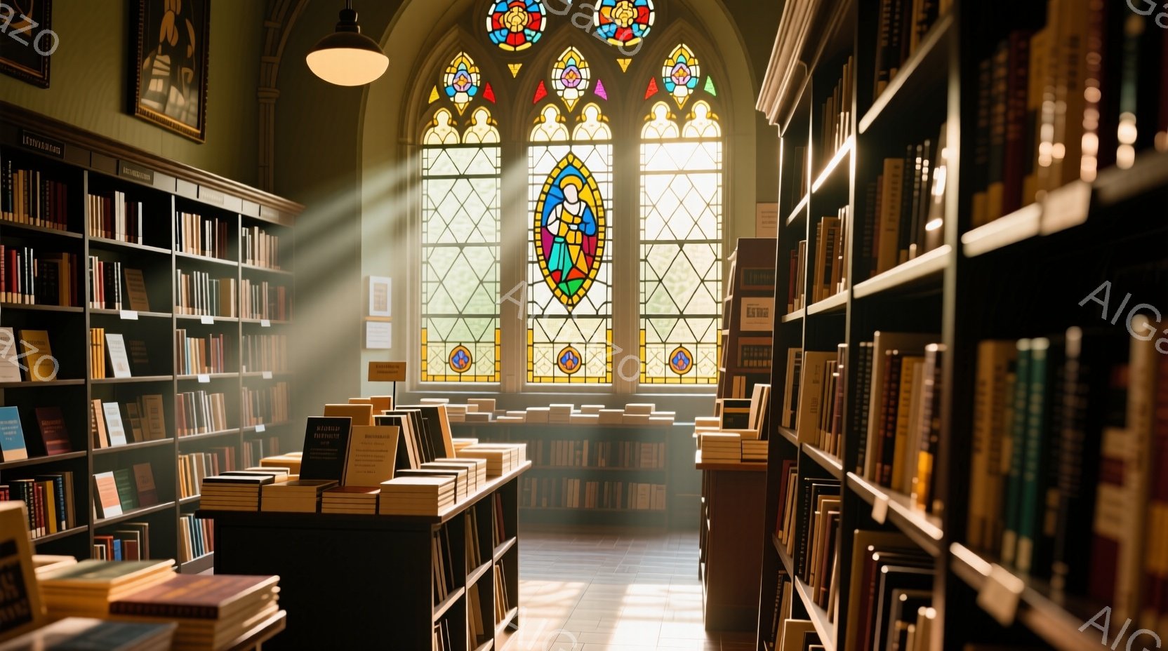 古い書店の内部で、高い本棚が壁一面に並び、多くの本で埋め尽くされている。ステンドグラスの窓から差し込む光が埃っぽさを照らし出し、温かくノスタルジックな雰囲気を醸し出している。本の並びと窓から差し込む光が、静かで落ち着いた空間を作り出している。