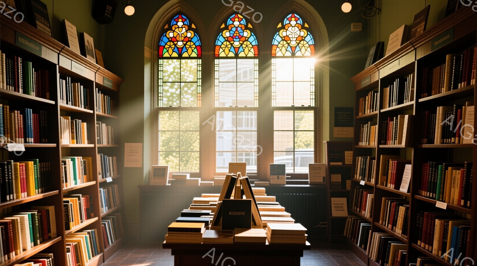 古代の図書館のような空間が写っている。高い本棚が壁一面に並び、様々な種類の書籍がぎっしりと詰まっている。ステンドグラスの窓から差し込む光が埃を照らし、幻想的で静寂な雰囲気を醸し出している。