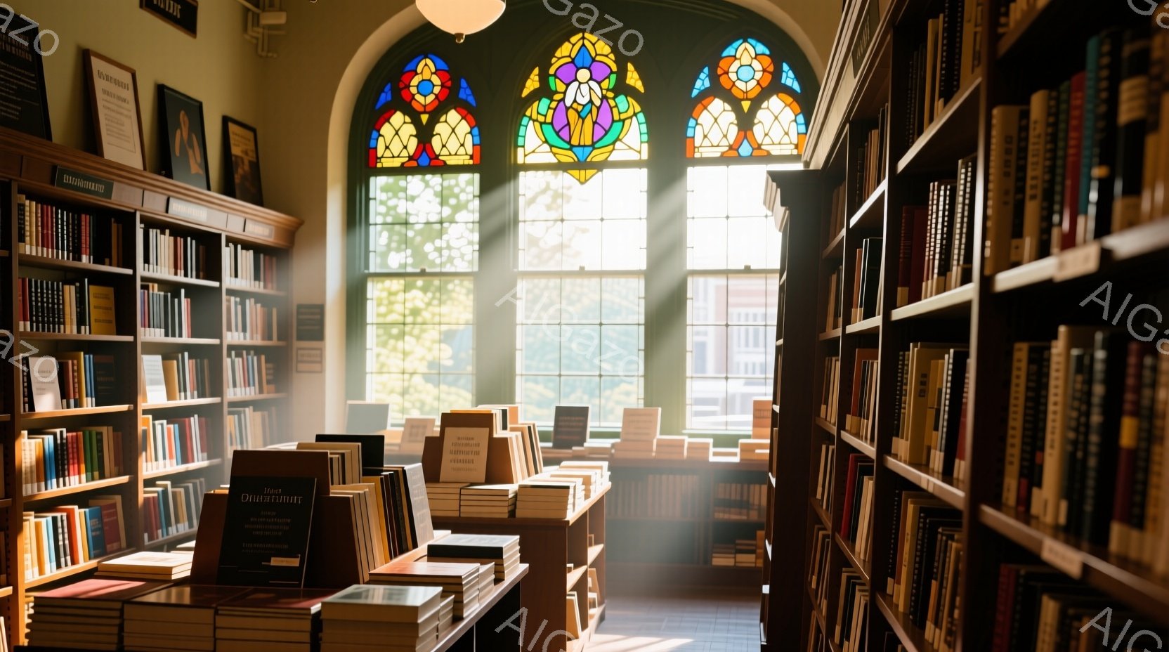 古代の図書館の内部で、高い本棚が壁一面に並び、たくさんの本が整然と並べられています。大きなステンドグラスの窓から差し込む光が埃っぽい空気中に漂い、静かで荘厳な雰囲気を醸し出しています。本棚の間に置かれたテーブルには、積み重ねられた本が所狭しと並び、読書に没頭できる空間が広がっています。