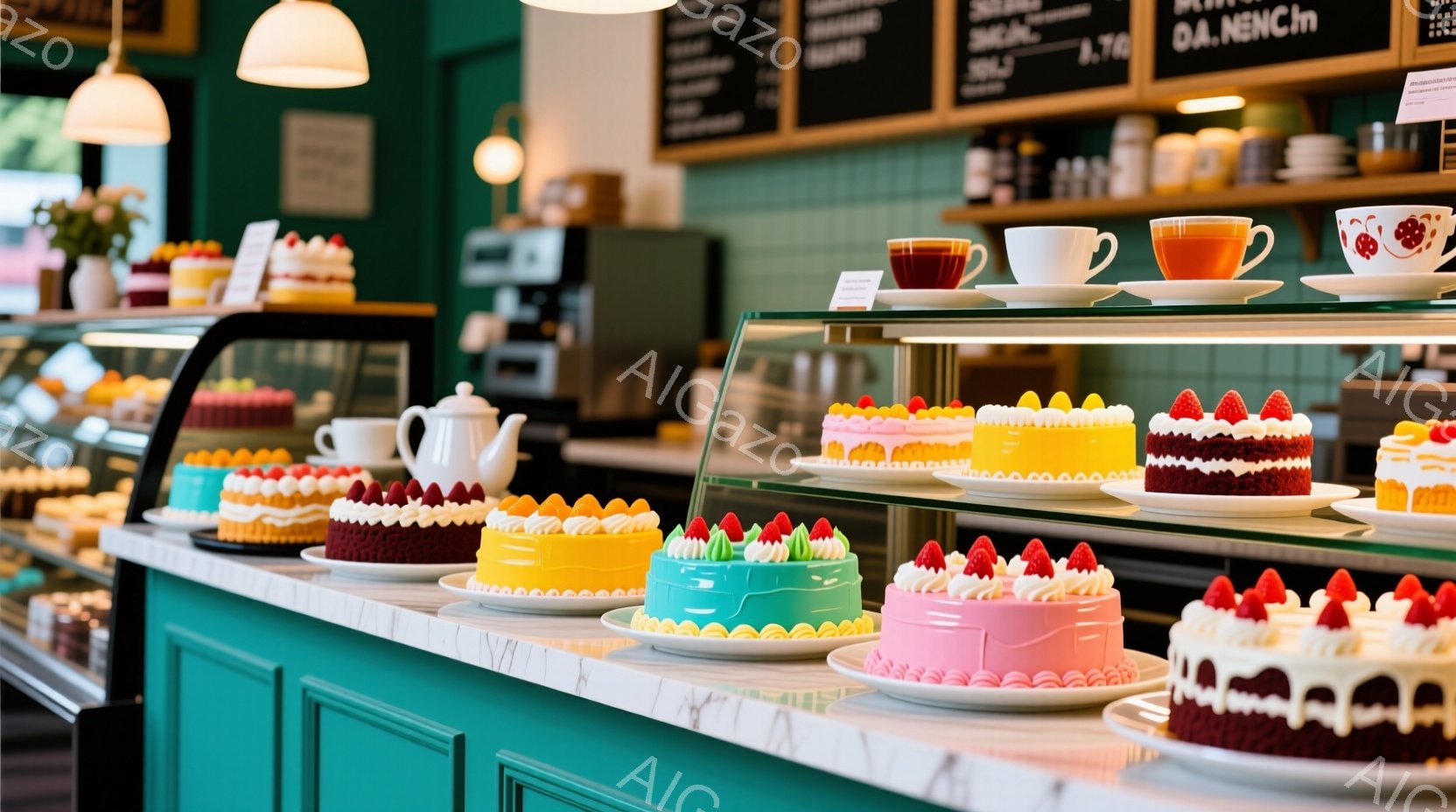 鮮やかな色とりどりのケーキがショーケースに並べられています。クリームとフルーツで飾られたケーキは、見た目にも楽しく、おいしそうです。背景には、緑色の壁とメニューボードがあり、カフェのような落ち着いた雰囲気です。