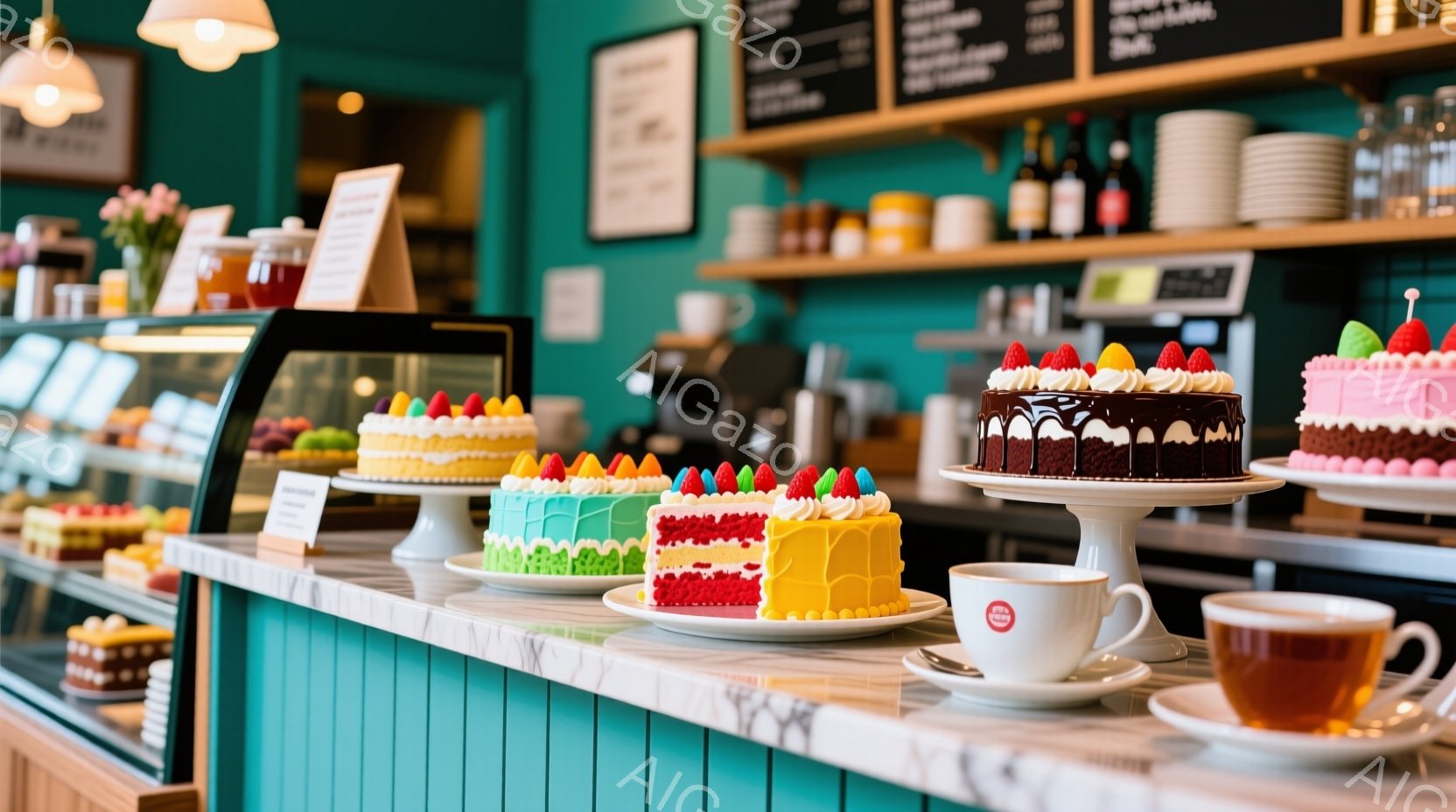 店のカウンターにカラフルなケーキが並べられています。赤、青、黄色、ピンクのクリームが飾られた短いケーキは、白いケーキスタンドに載せられ、非常に魅力的です。背景には、棚に並んだカップや瓶、メニューボードが見え、温かく明るいカフェの雰囲気が伝わってきます。