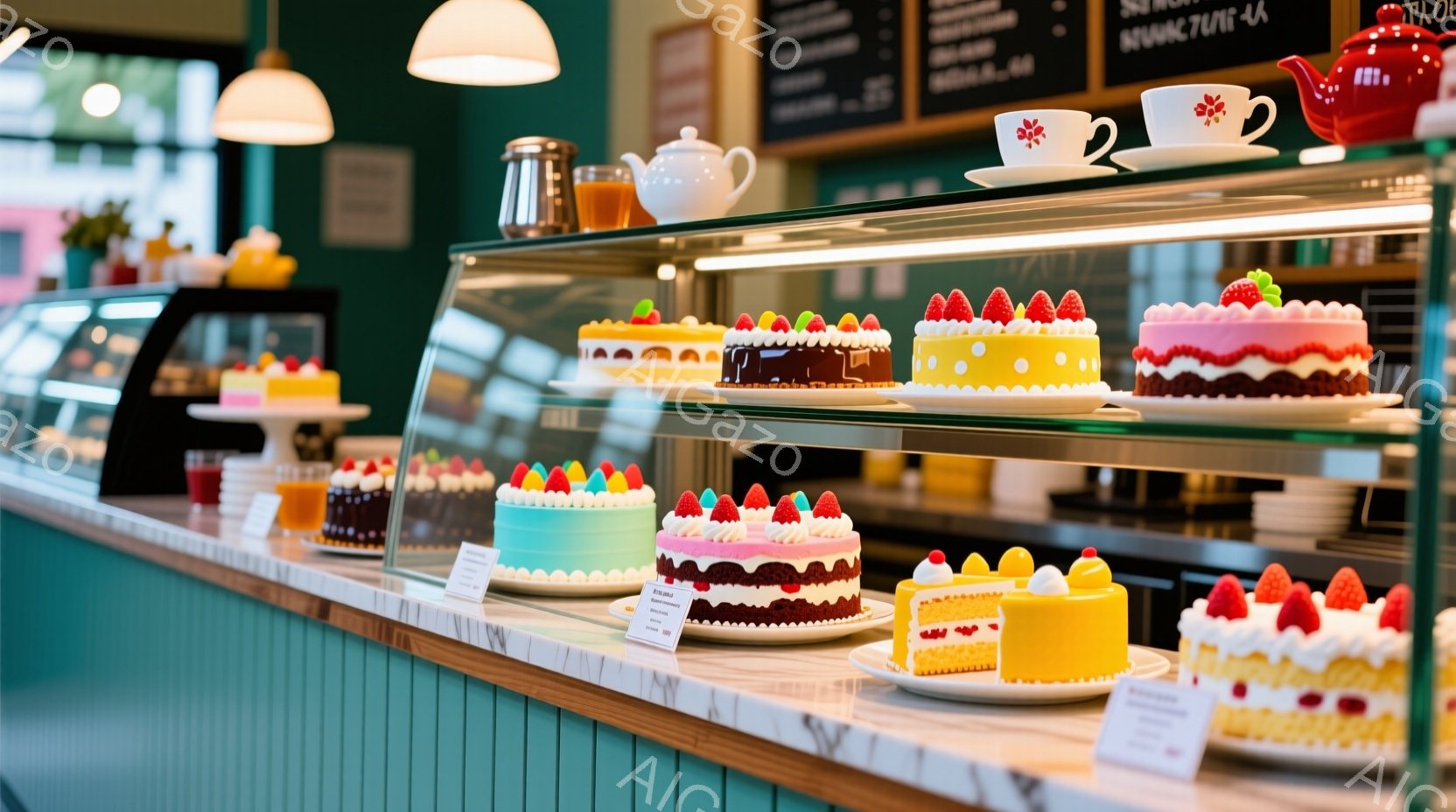 ショーケースには、色とりどりの可愛らしいショートケーキが並んでいます。イチゴ、ピンク、水色、黄色など、様々な色のケーキが、白いクリームとベリーで飾られています。背景には、黒板に書かれたメニューと、ティーポットが置かれた棚があり、明るく清潔なカフェの雰囲気が漂っています。
