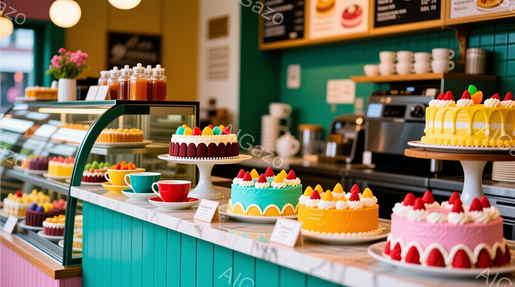 カラフルなケーキがショーケースとカウンターに並べられています。ピンク、黄色、赤、緑などの鮮やかな色が目を引き、まるで宝石箱のようです。背景には、緑色の壁と棚があり、カフェの温かみのある雰囲気を演出して - AI生成フリー素材
