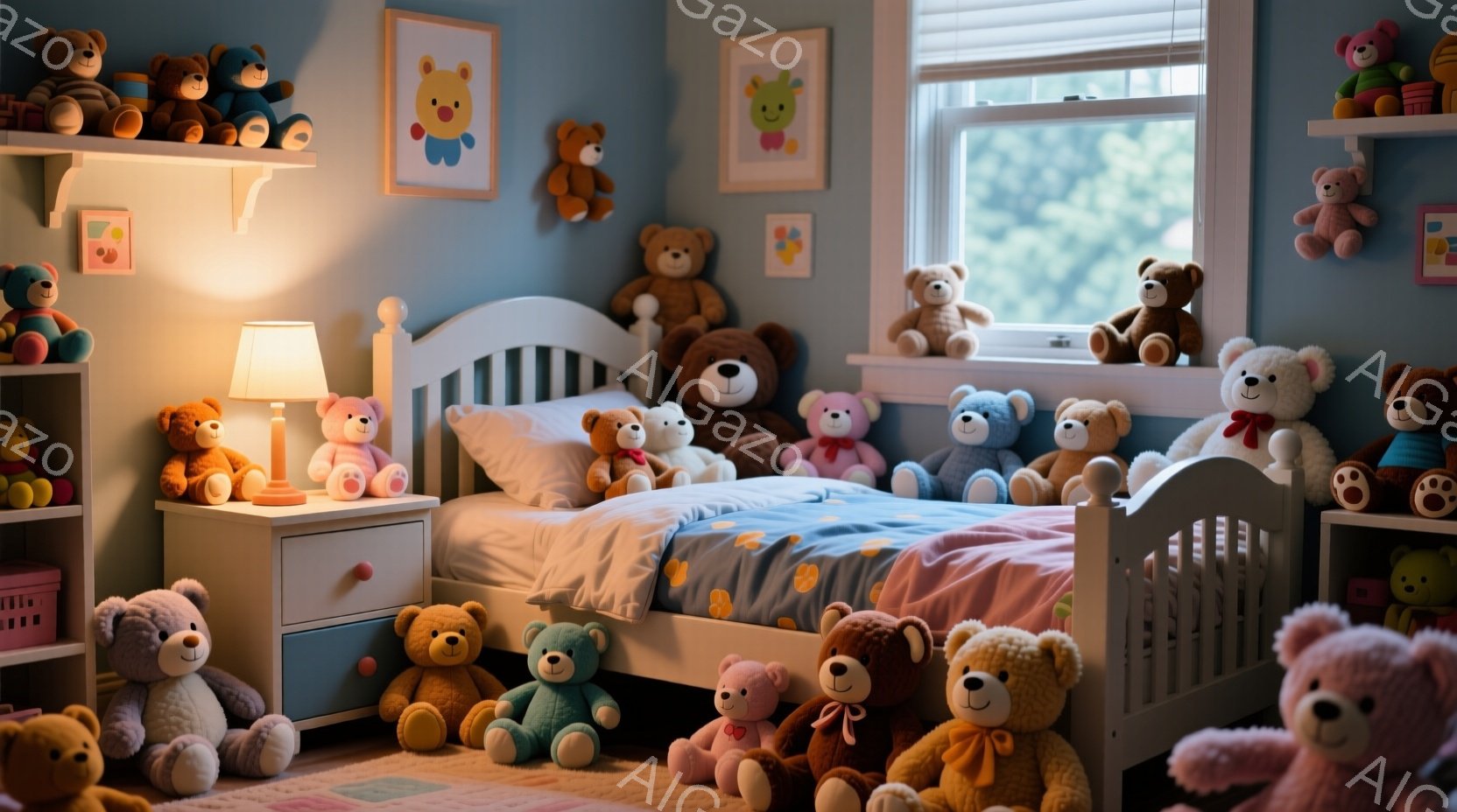 部屋全体が淡いブルーで統一されており、白いベッドに様々な種類のテディベアが所狭しと並べられています。ベッドの上や周り、そしてサイドテーブルや棚には、茶色、白、ピンク、水色など様々な色のテディベアが置かれ、温かく可愛らしい雰囲気を醸し出しています。窓から差し込む柔らかな光が、テディベアたちの表情を優しく照らし出し、夢のような空間を作り出しています。