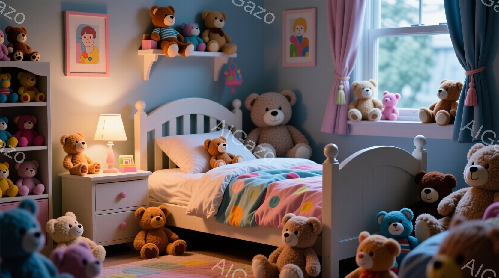 明るい青色の壁に囲まれた子供部屋で、たくさんのテディベアが置かれています。白いベッドには、ピンクと水色のカラフルなシーツがかけられ、ベッドサイドテーブルにはランプが置かれています。窓際には、さらに多くのテディベアが並び、全体的に暖かく、遊び心あふれる雰囲気を作り出しています。