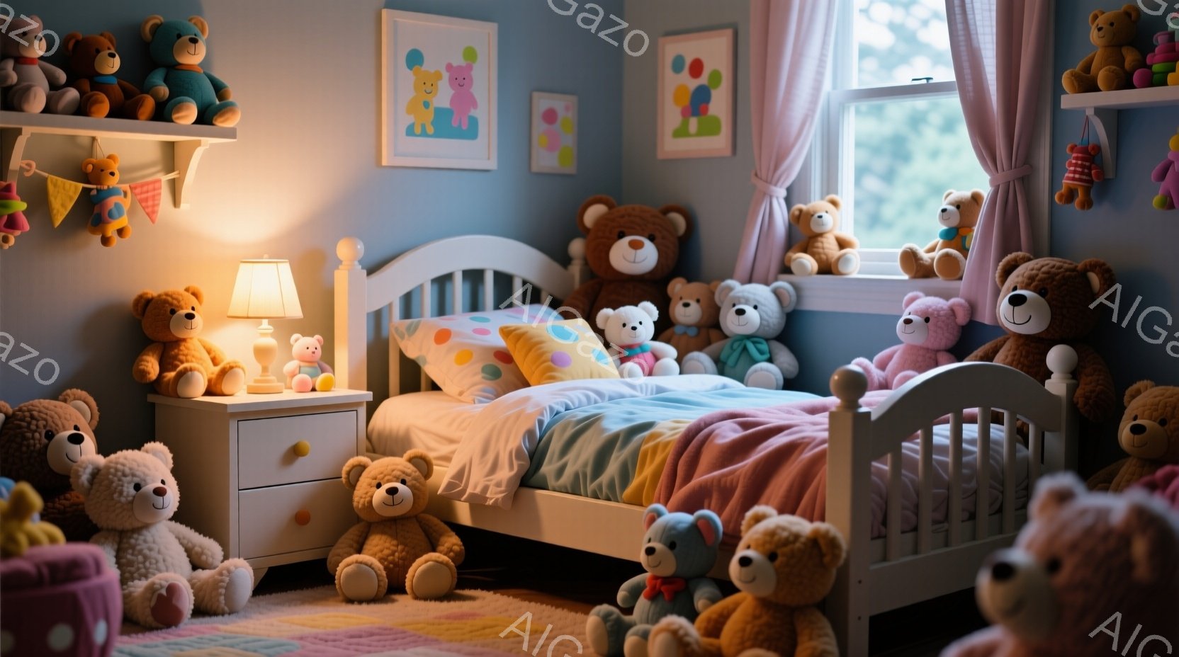明るい青色の壁に囲まれた子供部屋には、たくさんのテディベアが置かれています。白を基調としたベッドには、ピンクと水色のベッドカバーが掛けられ、カラフルな枕がアクセントになっています。窓からは自然光が差し込み、部屋全体が温かく、おもちゃでいっぱいの心地よい空間を演出しています。