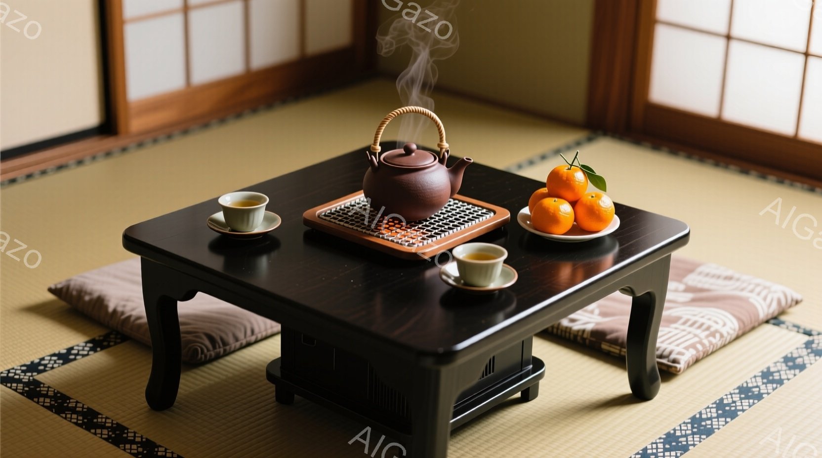 畳の上に黒い低座卓が置かれており、その上に鉄製の卓上コンロと湯呑みが並んでいます。湯呑みの隣には、みかんが盛られた白い皿があり、湯気が立ち上る鉄瓶が温かい雰囲気を醸し出しています。背景には障子があり、静かで落ち着いた日本の伝統的な空間を表現しています。