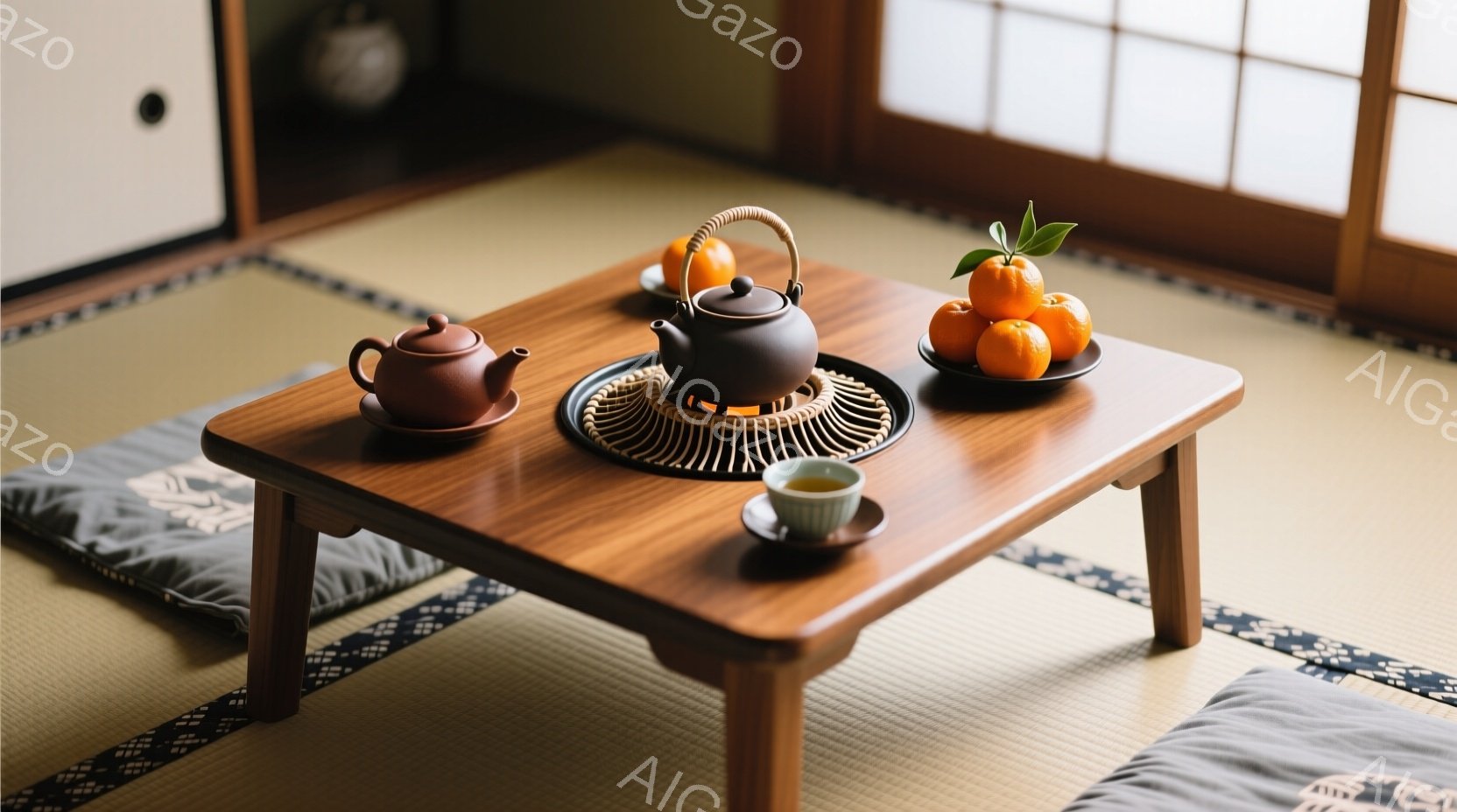 畳の上に低い木製のテーブルが置かれ、その上に茶器とみかんが並べられています。テーブルの中央には炭火のようなものが置かれ、温かいお茶を飲むための準備が整っている様子が伺えます。落ち着いた色調とシンプルな - AI生成フリー素材