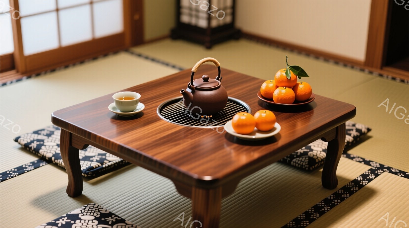畳の上に低めの木製のテーブルが置かれ、その上には茶色の急須、湯呑み、そして数個のみかんが並べられています。 テーブルの周囲には花柄の座布団が置かれ、背景には障子戸が見え、静かで落ち着いた和の空間を演出しています。 全体的に暖色系の色調で統一され、ほっと一息つけるような穏やかな雰囲気が漂っています。