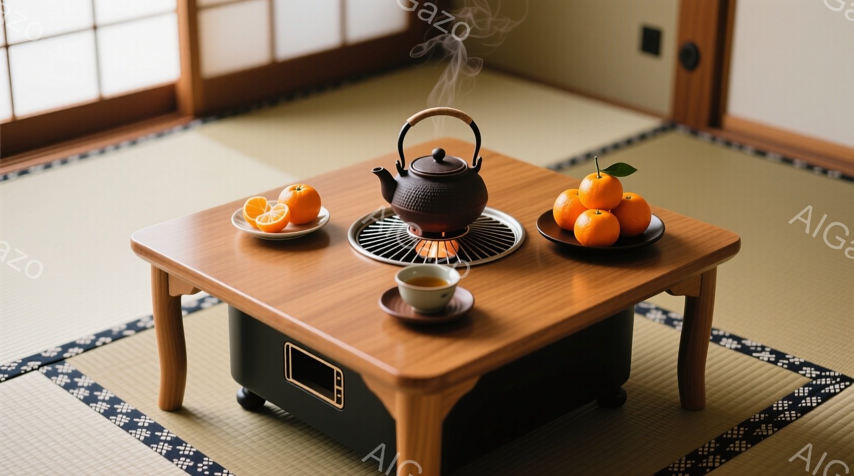 畳の上に低めの木製の座卓が置かれており、その上に炭火のようなものが設置され、お茶を煮出すための鉄瓶が湯気を上げている。卓の片隅にはカットされたオレンジが数切れ置かれ、反対側にはオレンジがいくつか並べられている。部屋全体は暖色系の照明で照らされ、日本の伝統的な静寂と温かさを感じさせる。