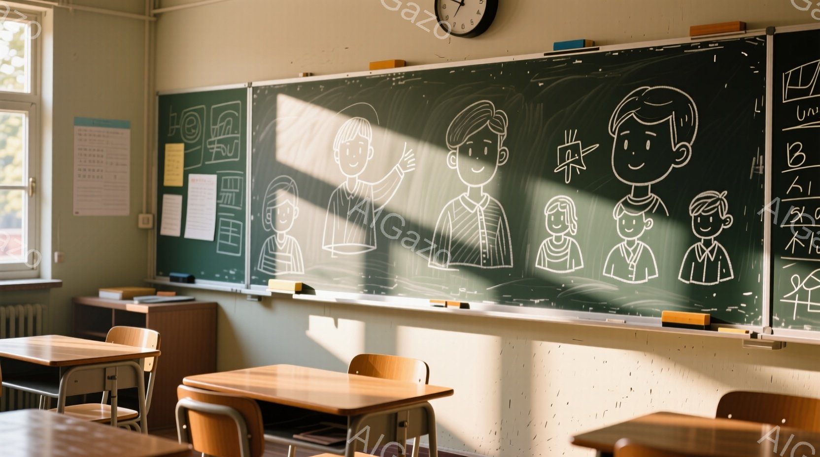 教室の黒板には、笑顔の子供たちの線画が描かれており、楽しげな雰囲気を感じさせます。机と椅子が整然と並べられた教室には、朝日または夕日の光が差し込み、暖かく静かな空間を作り出しています。背景には建物が見え、落ち着いた日差しと合わせて、平和で穏やかな学校の日常が表現されています。