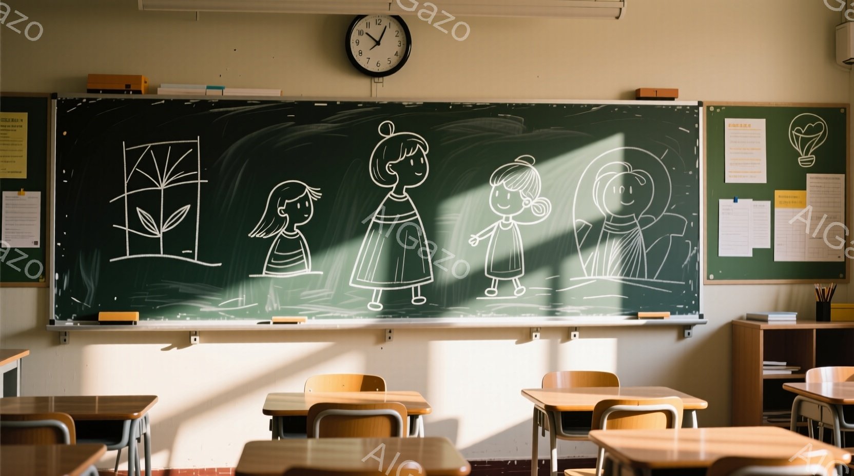 教室の黒板には、白い線で描かれた３人の人物と植物のイラストが描かれている。３人はそれぞれ異なる服装をしており、中央の女性はワンピースを着ている。教室には木製の机と椅子が整然と並び、明るい日差しが差し込 - AI生成フリー素材