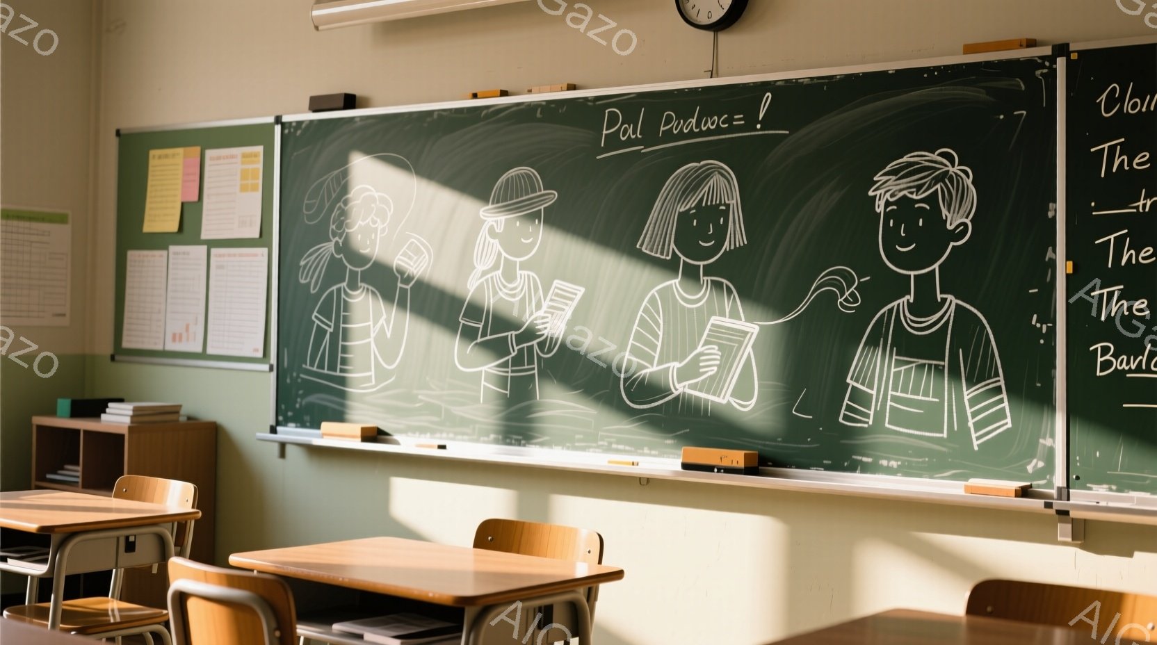 教室の黒板には、３人の子供たちが描かれた線画が描かれている。彼らはそれぞれ帽子をかぶり、異なる姿勢で立っており、真ん中の子供は本を持っている。教室には木製の机と椅子が並び、壁には掲示物が貼られており、全体的に穏やかで学習的な雰囲気が漂っている。