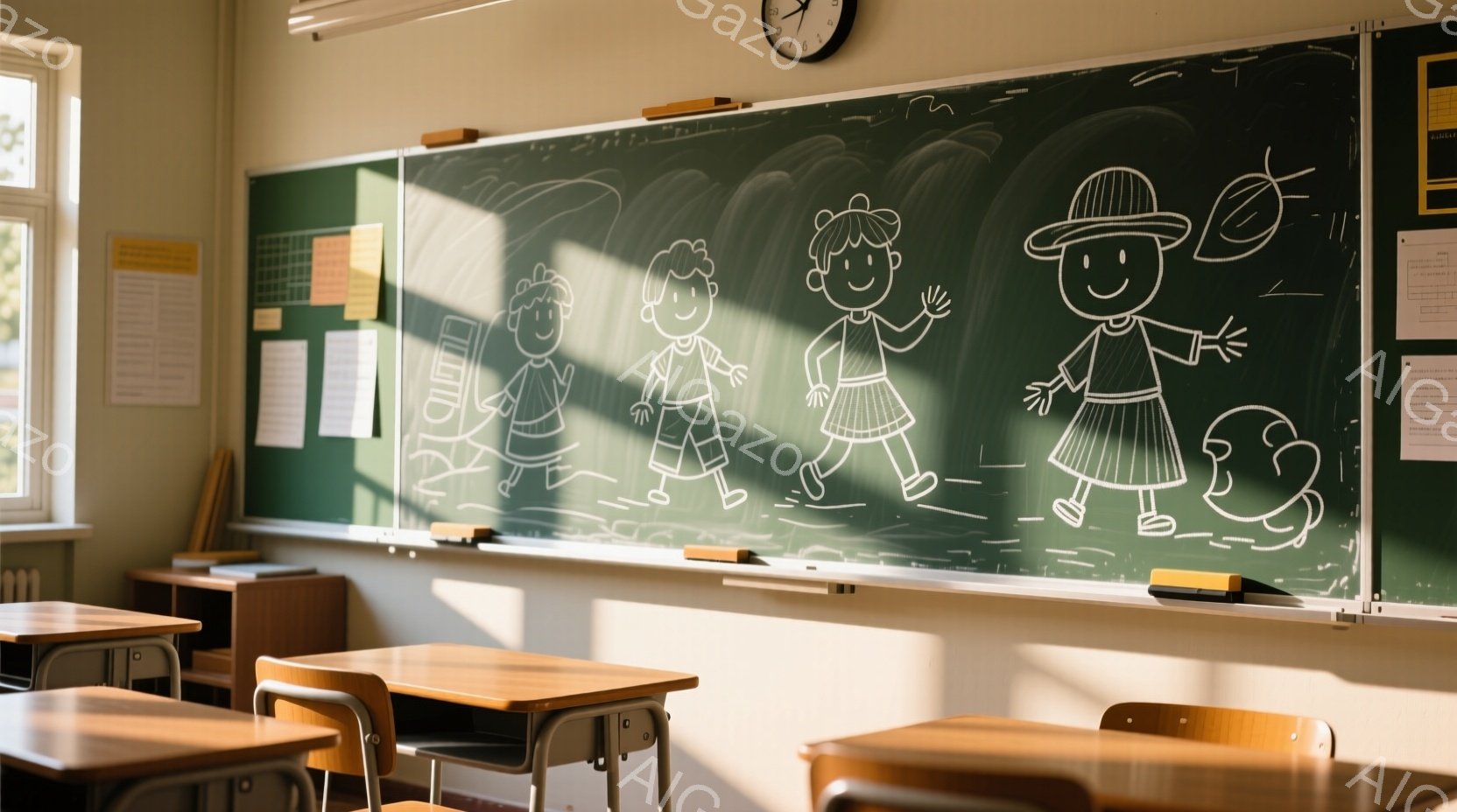 教室の黒板には、白い線で描かれた子供たちのイラストが並んでいる。子供たちはそれぞれ異なる服装で、楽しそうに歩いている様子が描かれており、明るく陽気な雰囲気を醸し出している。教室には木製の机と椅子が整然 - AI生成フリー素材