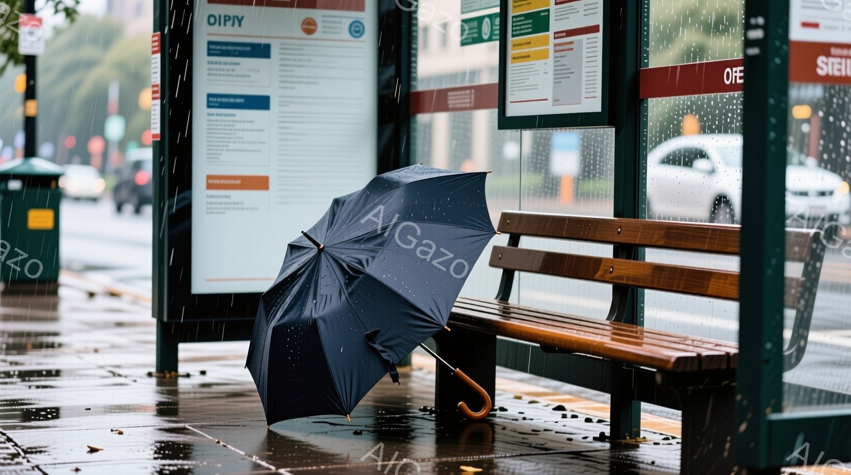 降りしきる雨の中、バス停のベンチに黒い傘が置かれている。地面は濡れており、雨粒がアスファルトに反射している。背景にはぼやけた建物と街並みが確認でき、全体的に静かで憂鬱な雰囲気を醸し出している。