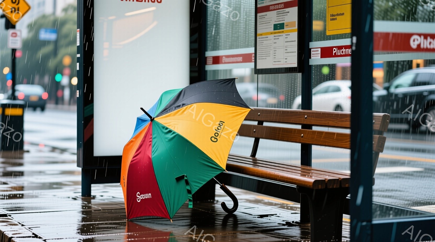 雨が降りしきる中、カラフルな虹色の傘がバス停のベンチにもたれかかっています。地面は雨で濡れて反射し、背景にはぼやけた建物と交通標識が見えます。全体的に、雨の日の静かで少し寂しげな雰囲気が漂っています。